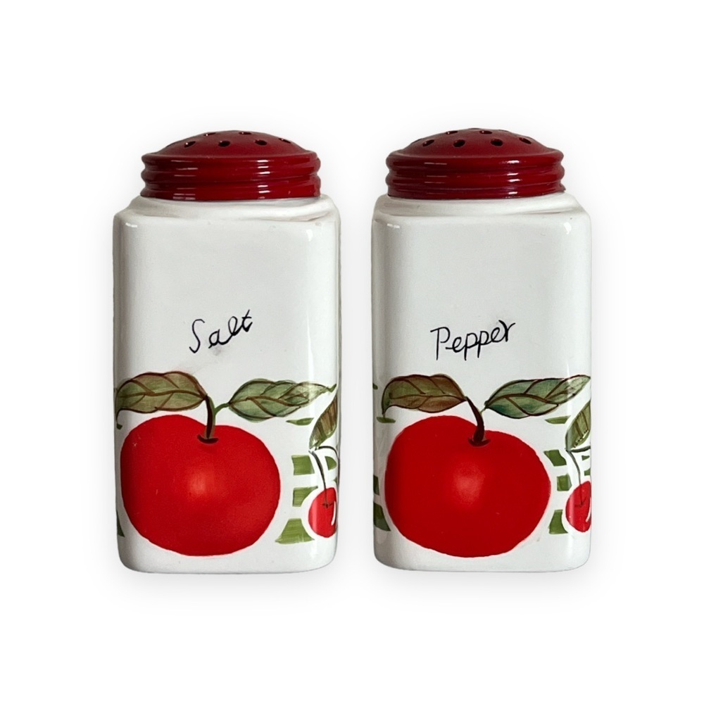 Blue Sky Red Cherry Ceramic Green Stripe Salt and Pepper Shakers 4”x2”‎ MCM Vibe